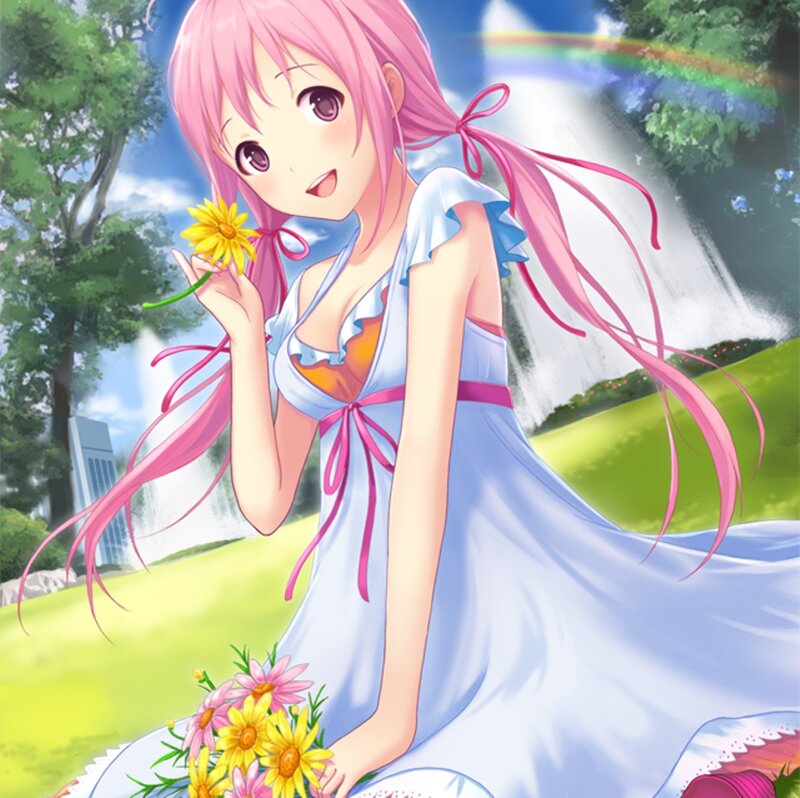 Pink-haired Girl with Flowers — Pink, Serene, Afternoon