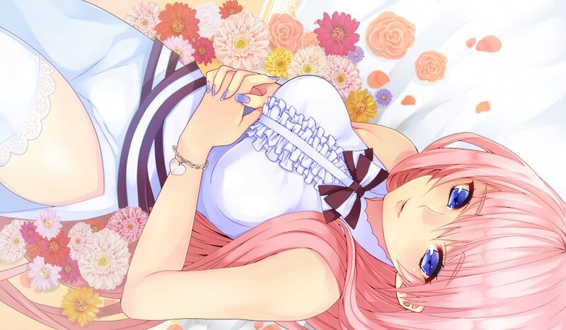 Pink-haired Girl with Flowers — Pink, Serene, Anime, Bed