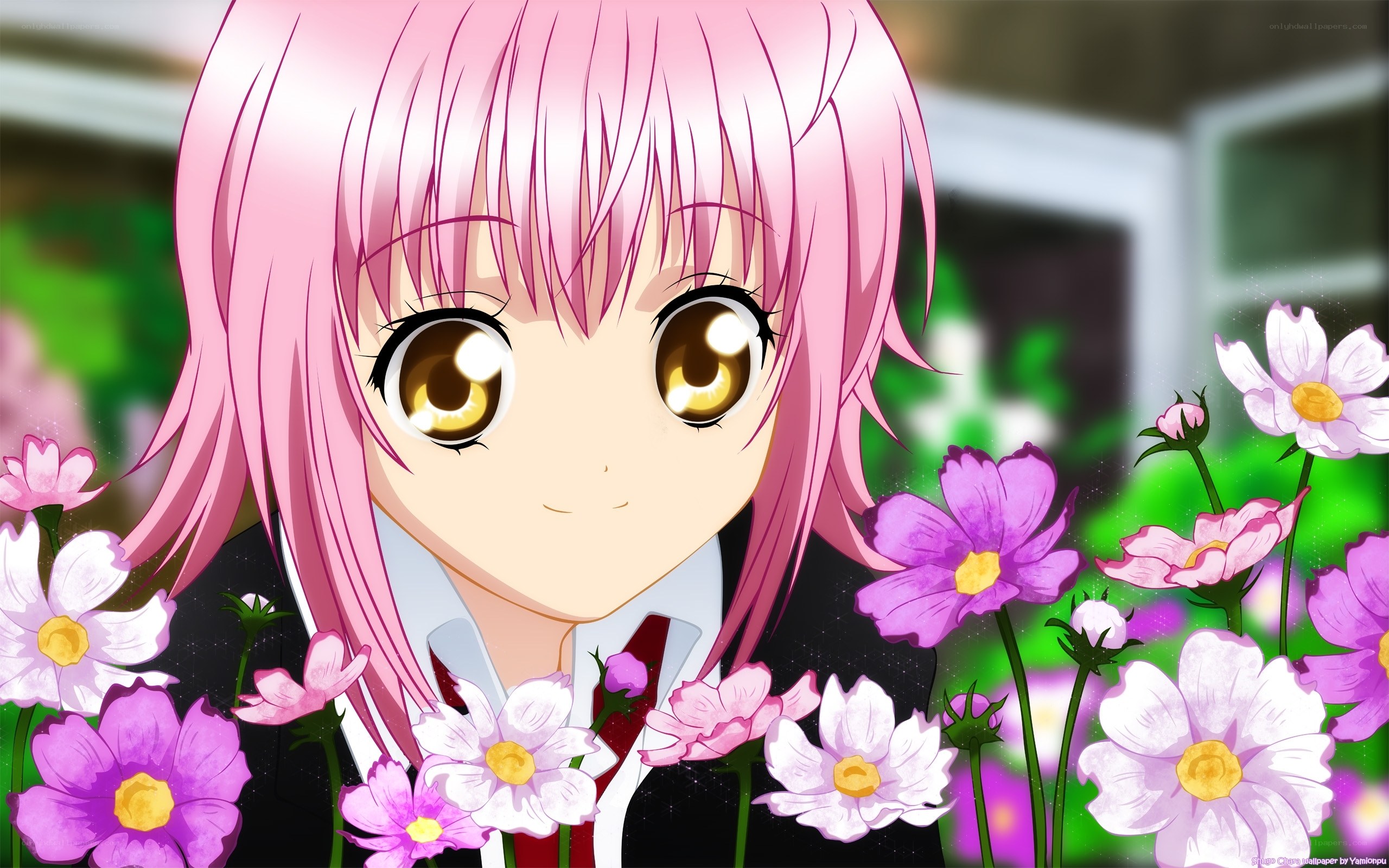 pink-haired girl with flowers