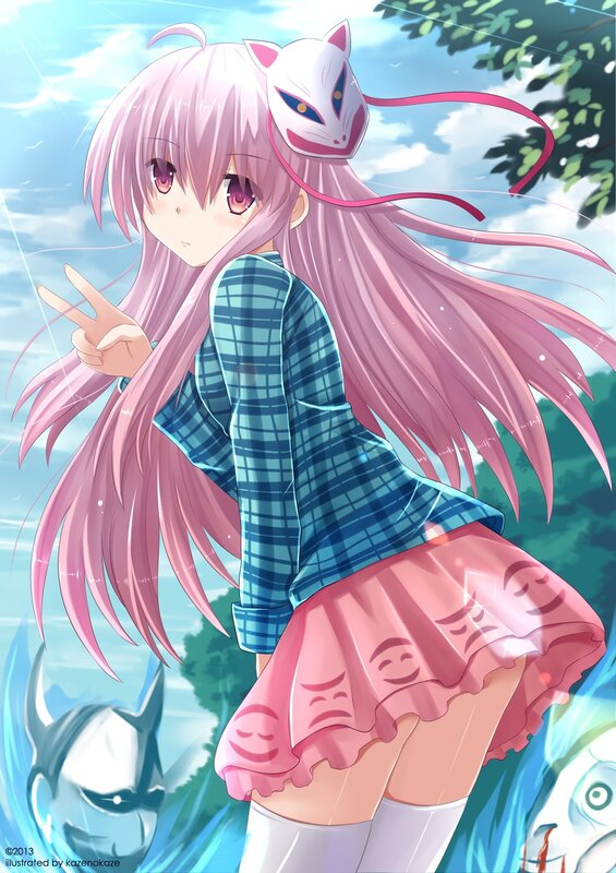 pink-haired girl with fox mask