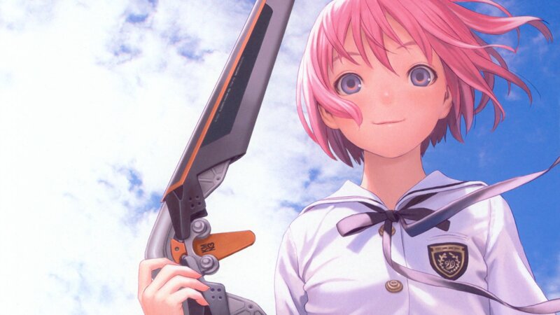 Pink-haired girl with futuristic weapon