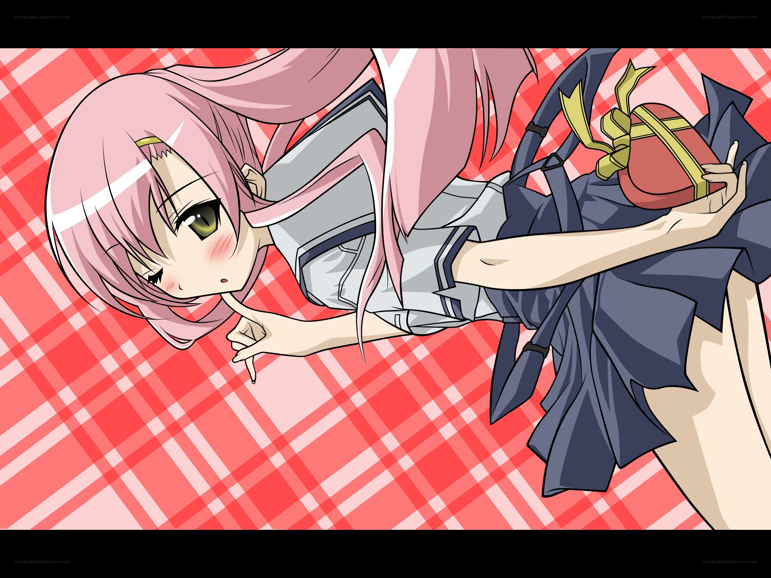 pink-haired girl with gift