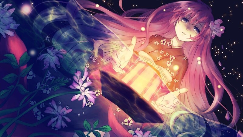 pink-haired girl with glowing book