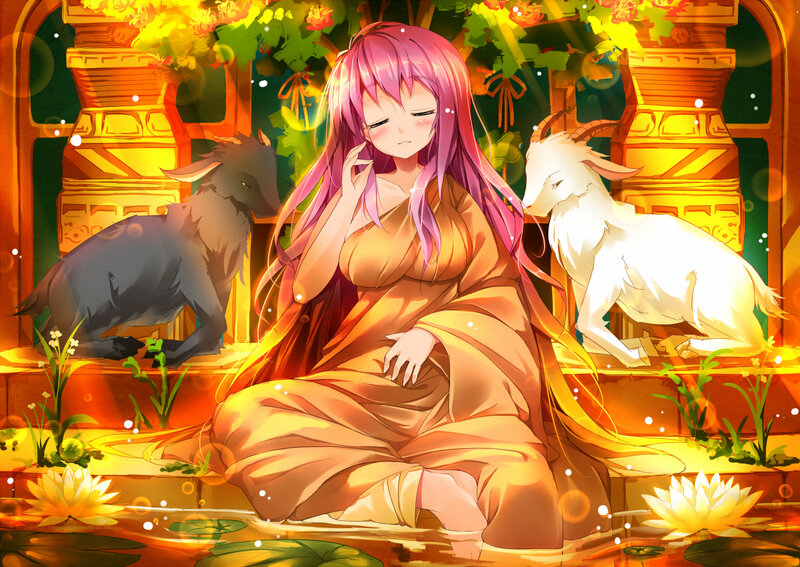 Pink-haired Girl with Goats