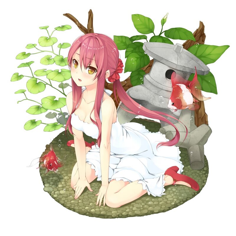 pink-haired girl with goldfish