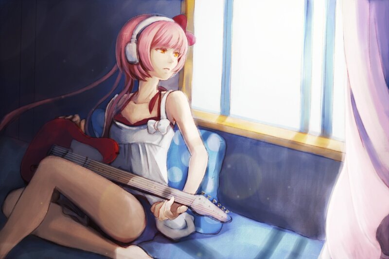 Pink-haired girl with guitar