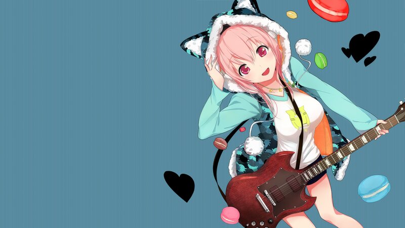 Pink-haired Girl with Guitar — Blue, Playful