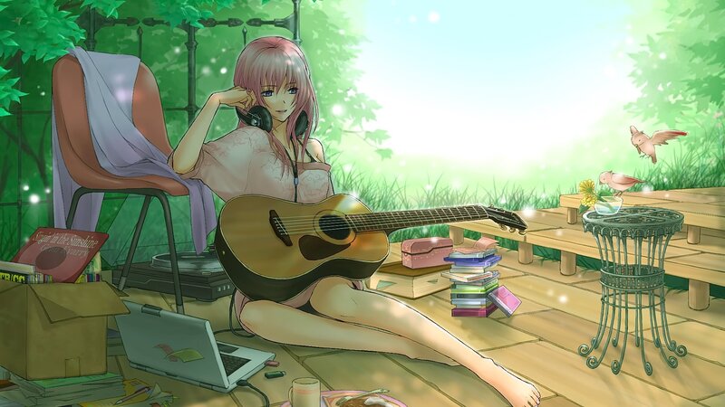 Pink-haired Girl with Guitar — Green, Serene, Afternoon