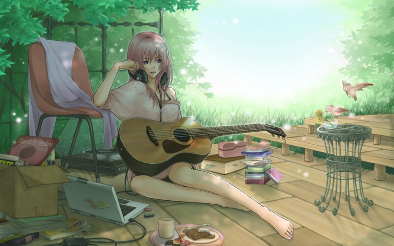 Pink-haired Girl with Guitar — Green, Serene