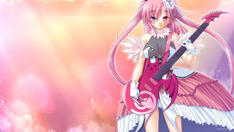 Pink-haired Girl with Guitar — Pink, Dramatic, Sunset, Anime
