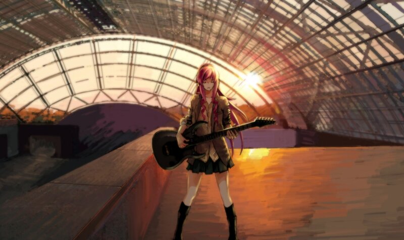 Pink-haired Girl with Guitar — Pink, Dramatic, Sunset