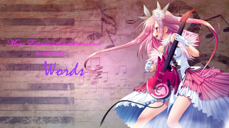 Pink-haired Girl with Guitar — Pink, Energetic, Anime, Music Notes