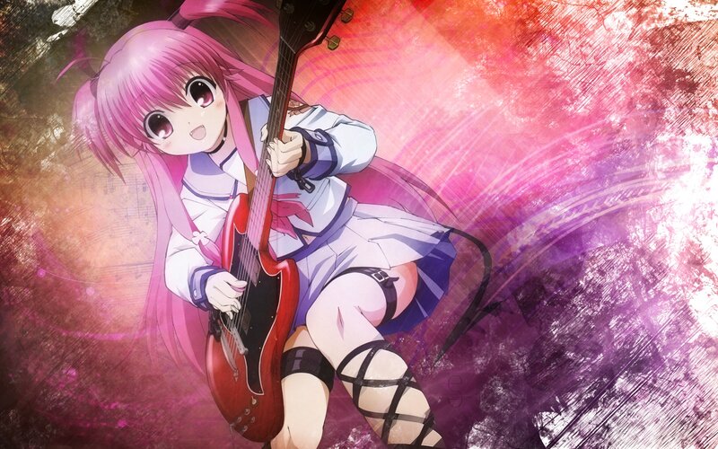 Pink-haired Girl with Guitar — Pink, Energetic, Anime, School Uniform