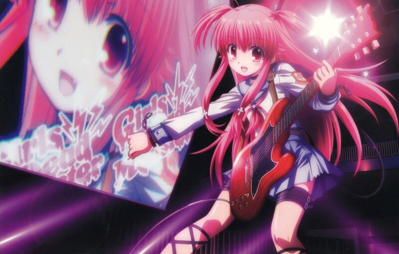 Pink-haired Girl with Guitar — Pink, Energetic, Night, Anime, Stage