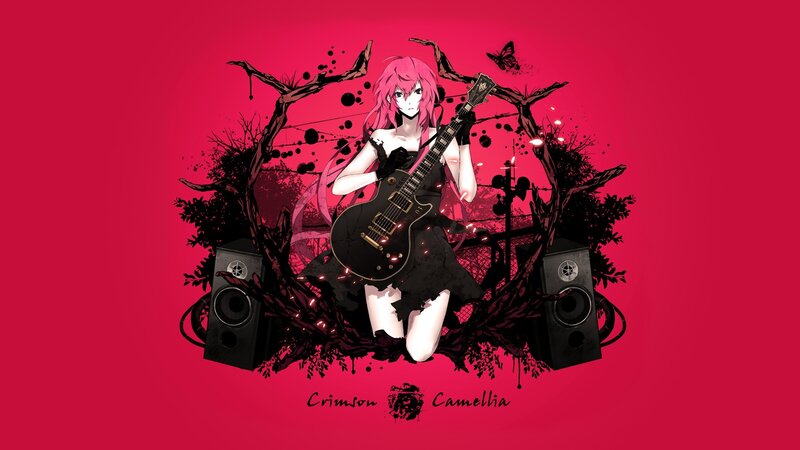 Pink-haired Girl with Guitar — Red, Dramatic, Digital Art
