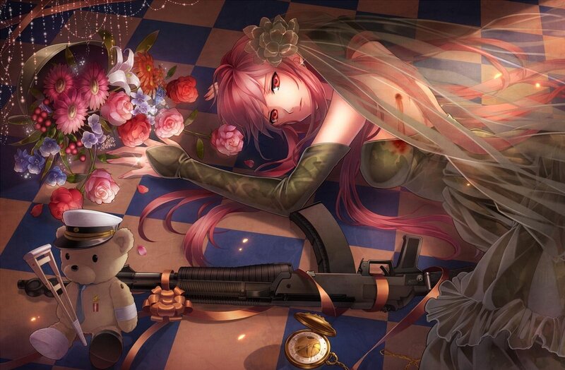 Pink-haired girl with gun and flowers