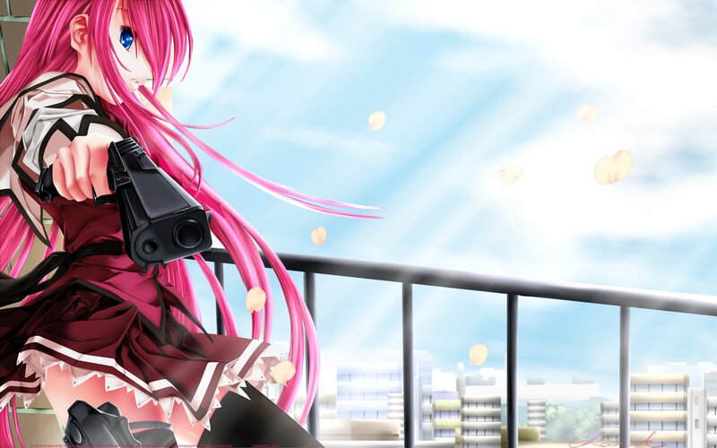 Pink-haired girl with gun on balcony