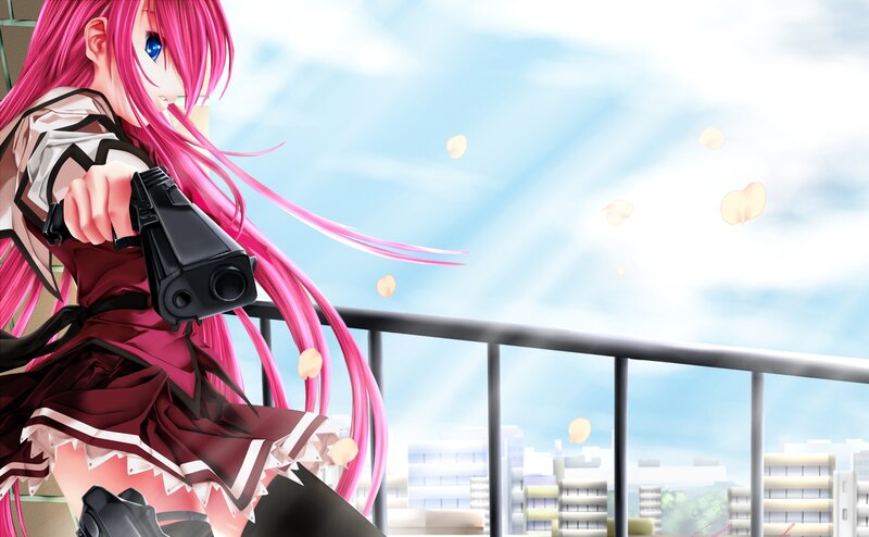 Pink-haired Girl with Gun — Pink, Dramatic, Afternoon