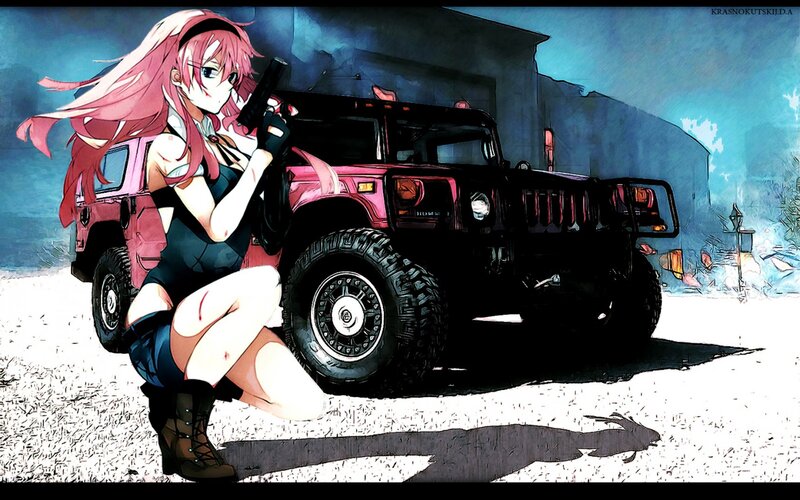 Pink-haired Girl with Gun — Pink, Dramatic, Night, Anime, Humvee