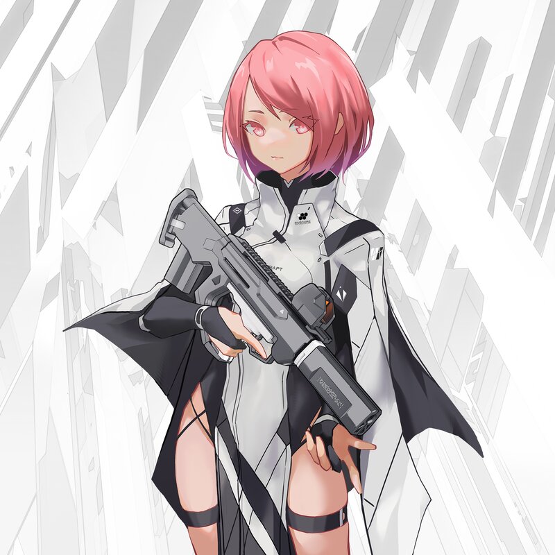 Pink-haired Girl with Gun — White, Serious