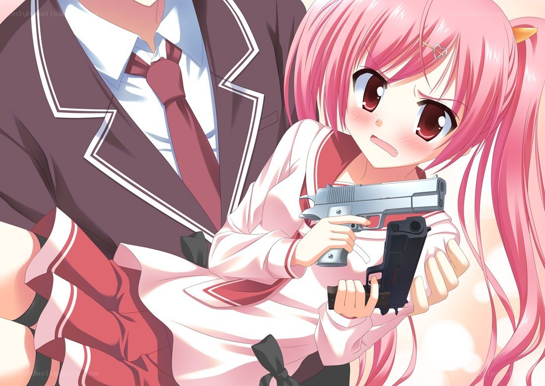 Pink-haired girl with guns