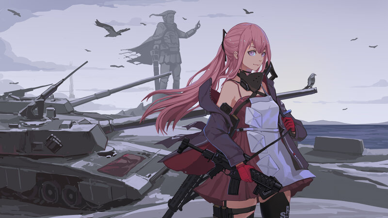 Pink-haired Girl with Guns — Gray