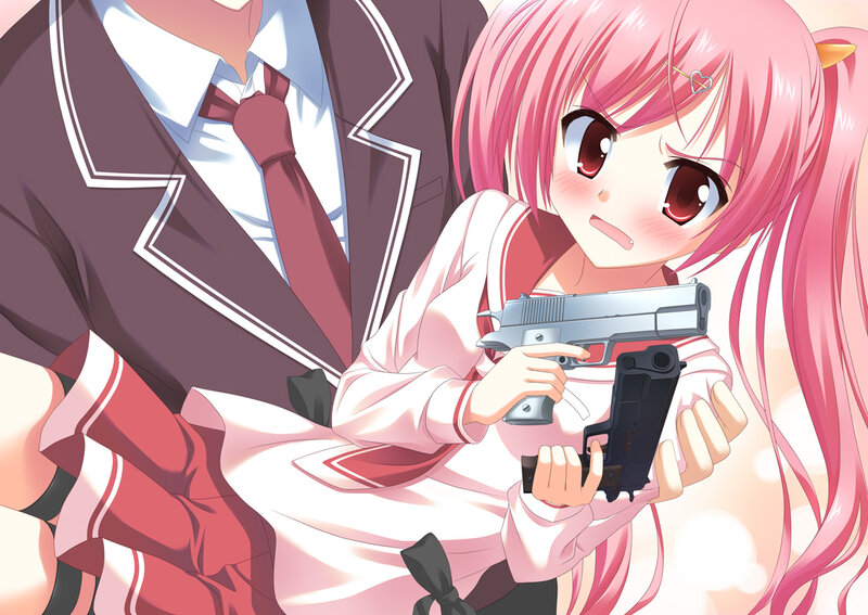 Pink-haired Girl with Guns — Pink, Dramatic, Anime, School Uniform