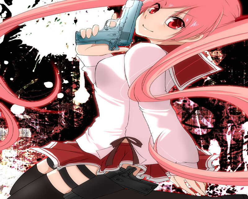 Pink-haired Girl with Guns — Red, Dramatic, Anime