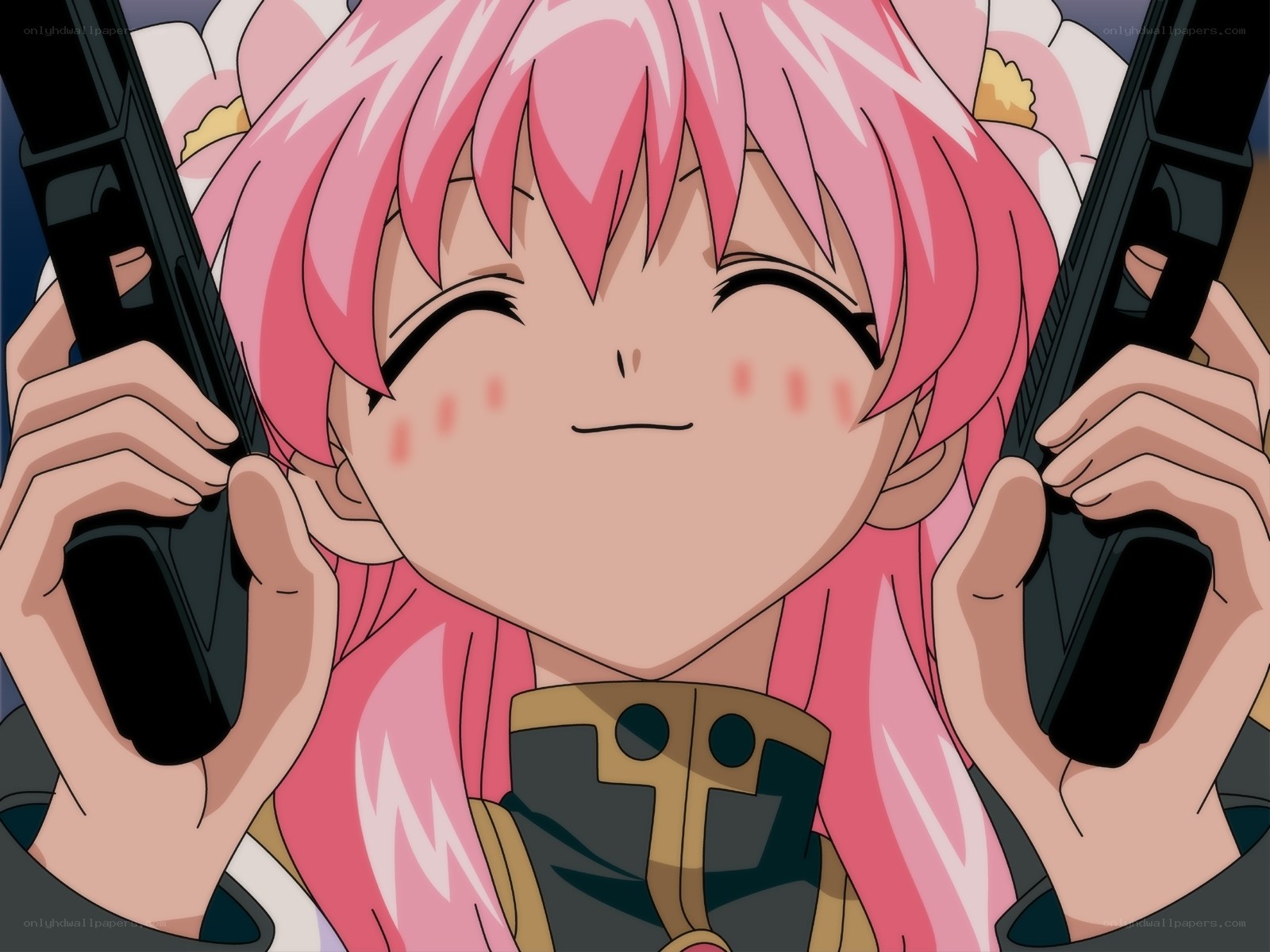 Pink-haired girl with guns