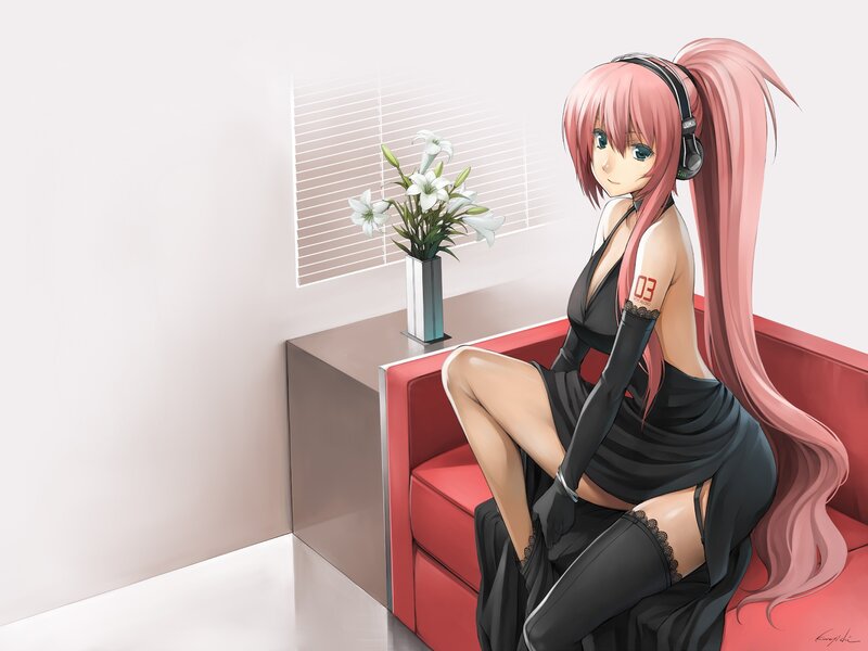 Pink-haired girl with headphones