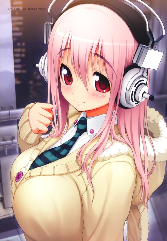 pink-haired girl with headphones