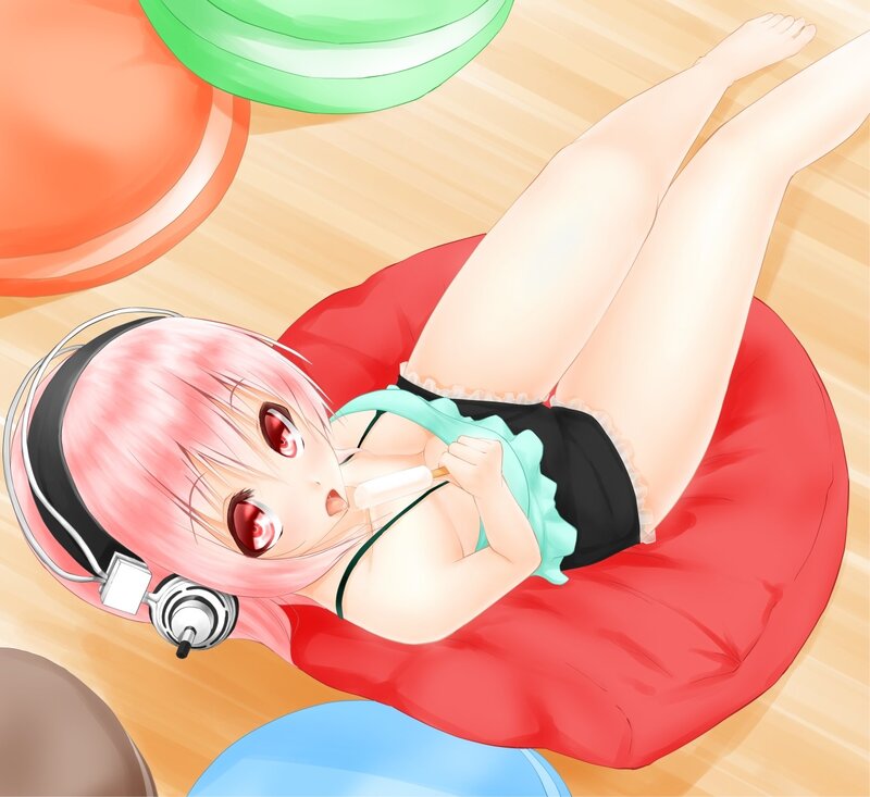 pink-haired girl with headphones