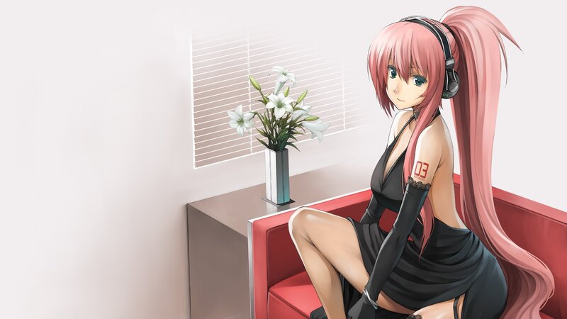 Pink-haired girl with headphones