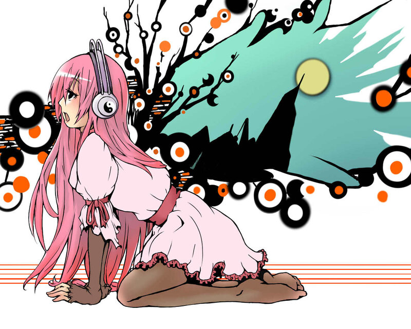 pink-haired girl with headphones