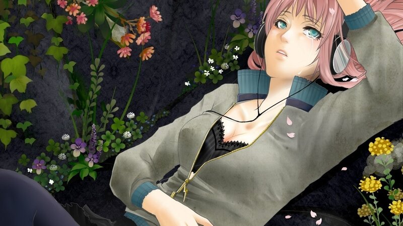 Pink-haired Girl with Headphones — Gray