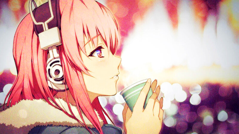 Pink-haired Girl with Headphones — Pink, Calm, Sunset