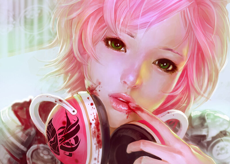 Pink-haired Girl with Headphones — Pink, Dramatic