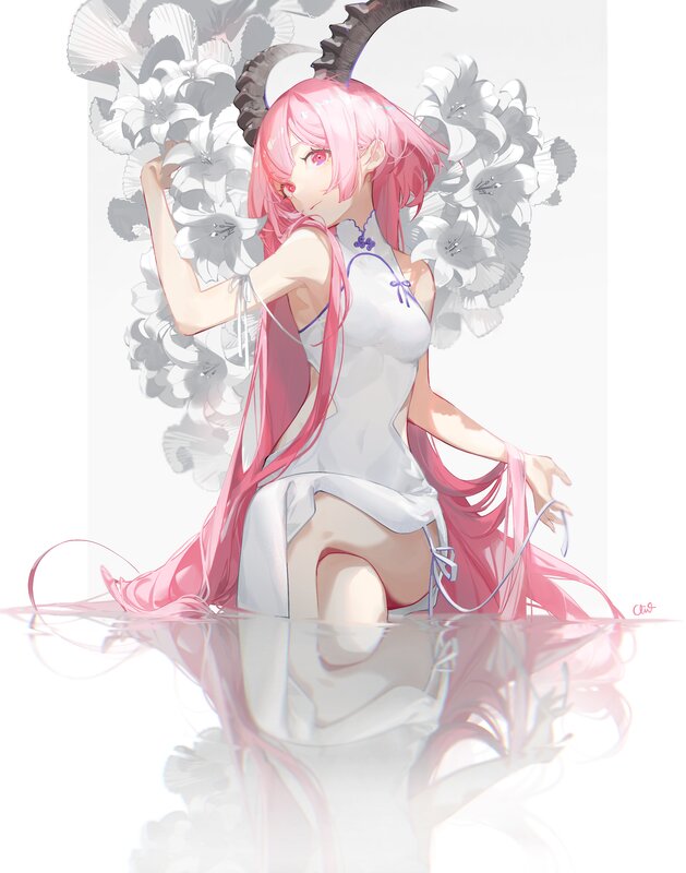 Pink-haired Girl with Horns — White