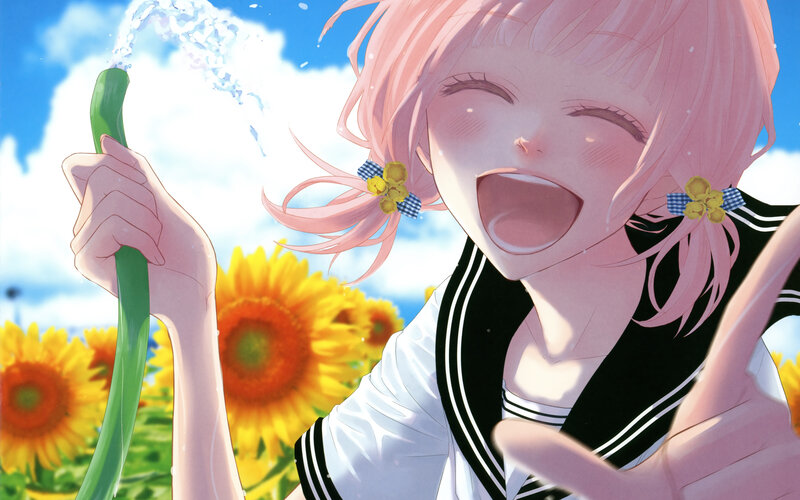 Pink-haired girl with hose