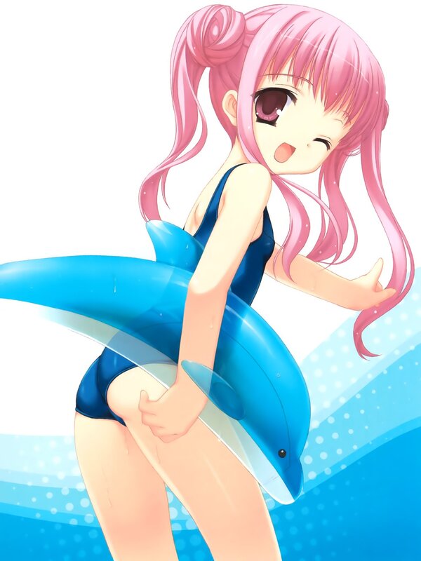 pink-haired girl with inflatable dolphin