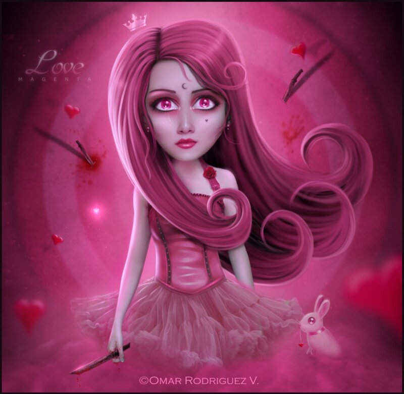 Pink-haired Girl with Knife — Pink, Dramatic, Digital Art