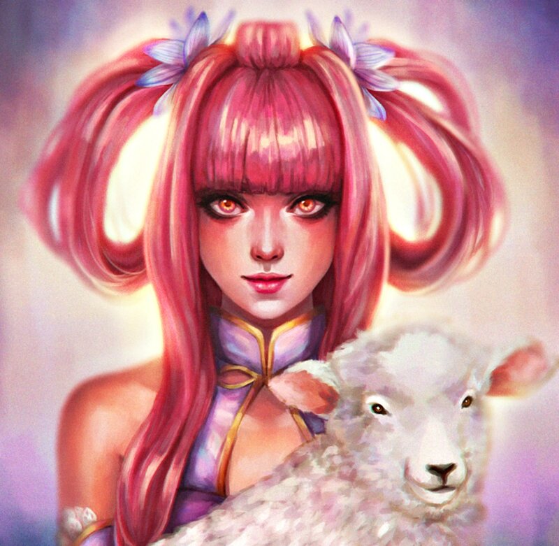 Pink-haired Girl with Lamb