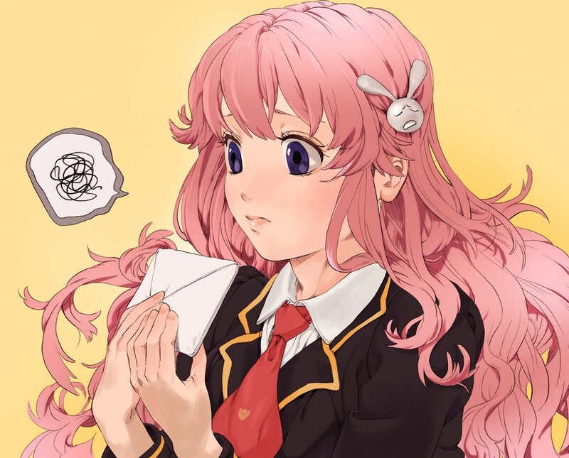 pink-haired girl with letter
