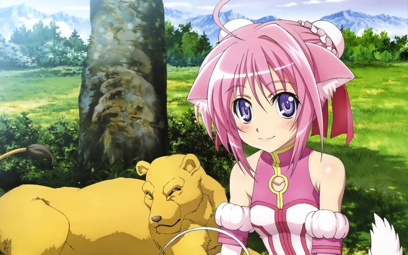 Pink-haired girl with lion cub