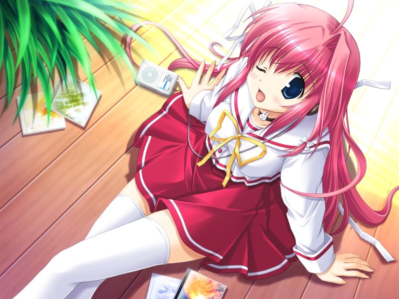 pink-haired girl with music player
