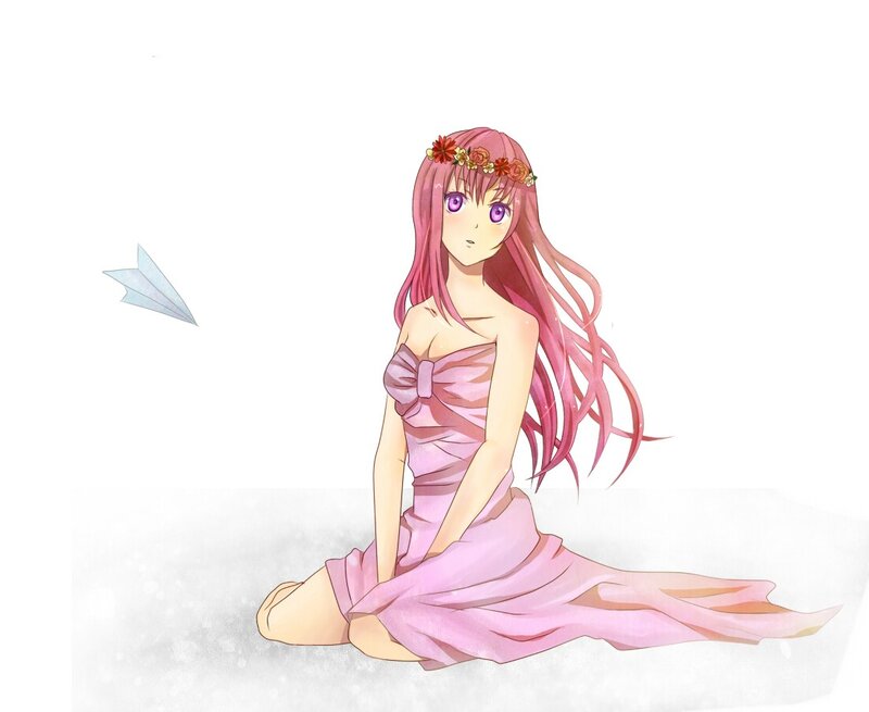 pink-haired girl with paper airplane