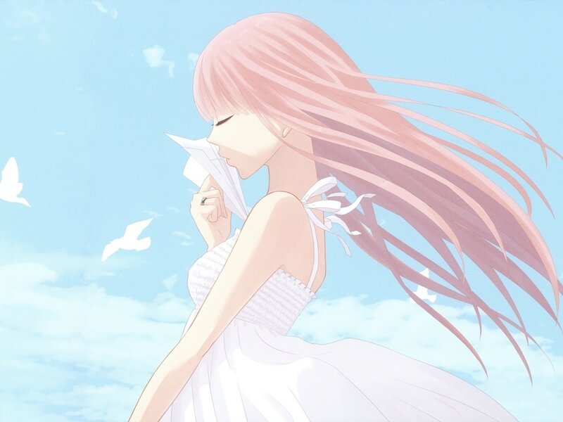 Pink-haired Girl with Paper Airplane — Blue