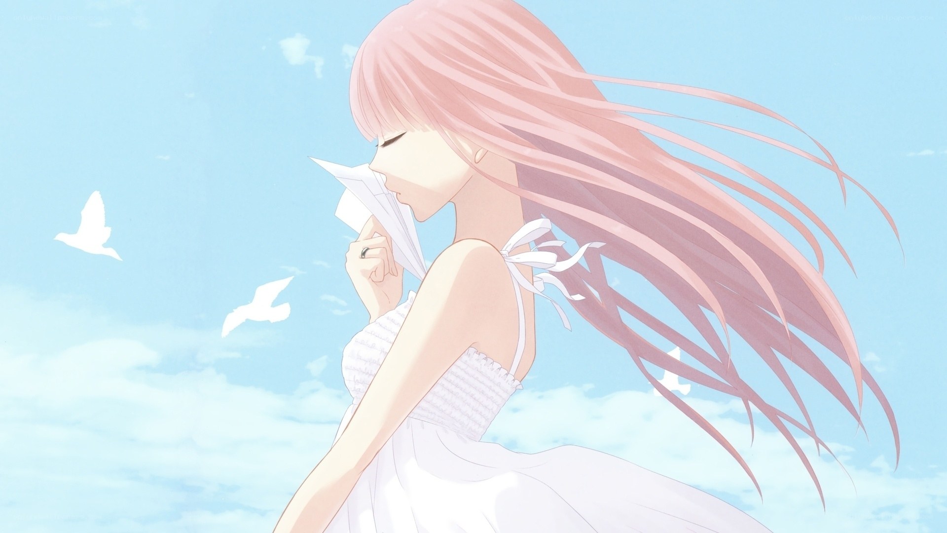 pink-haired girl with paper airplane