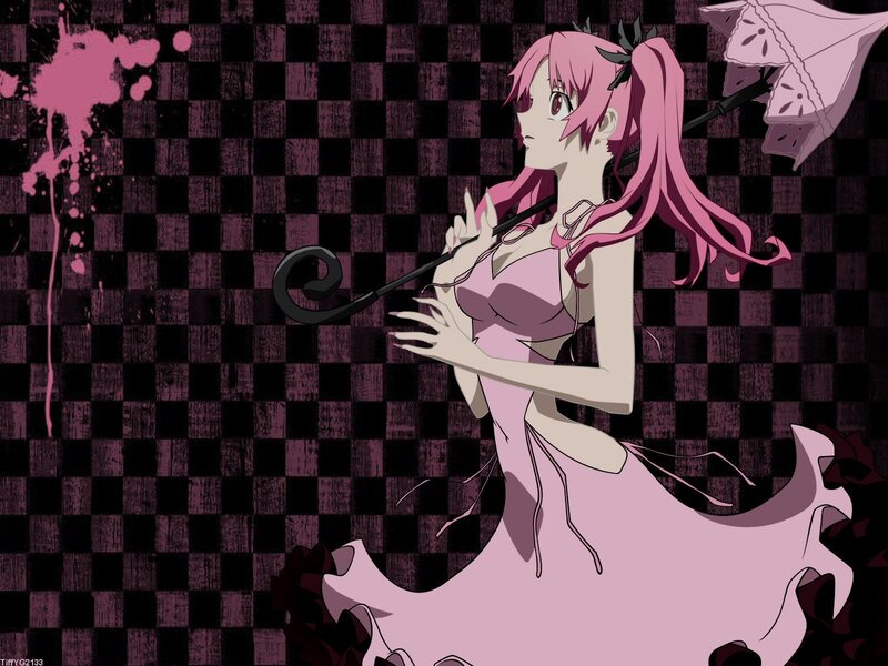 pink-haired girl with parasol
