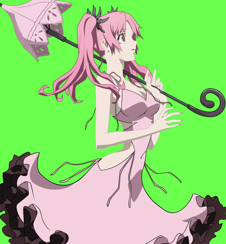 pink-haired girl with parasol